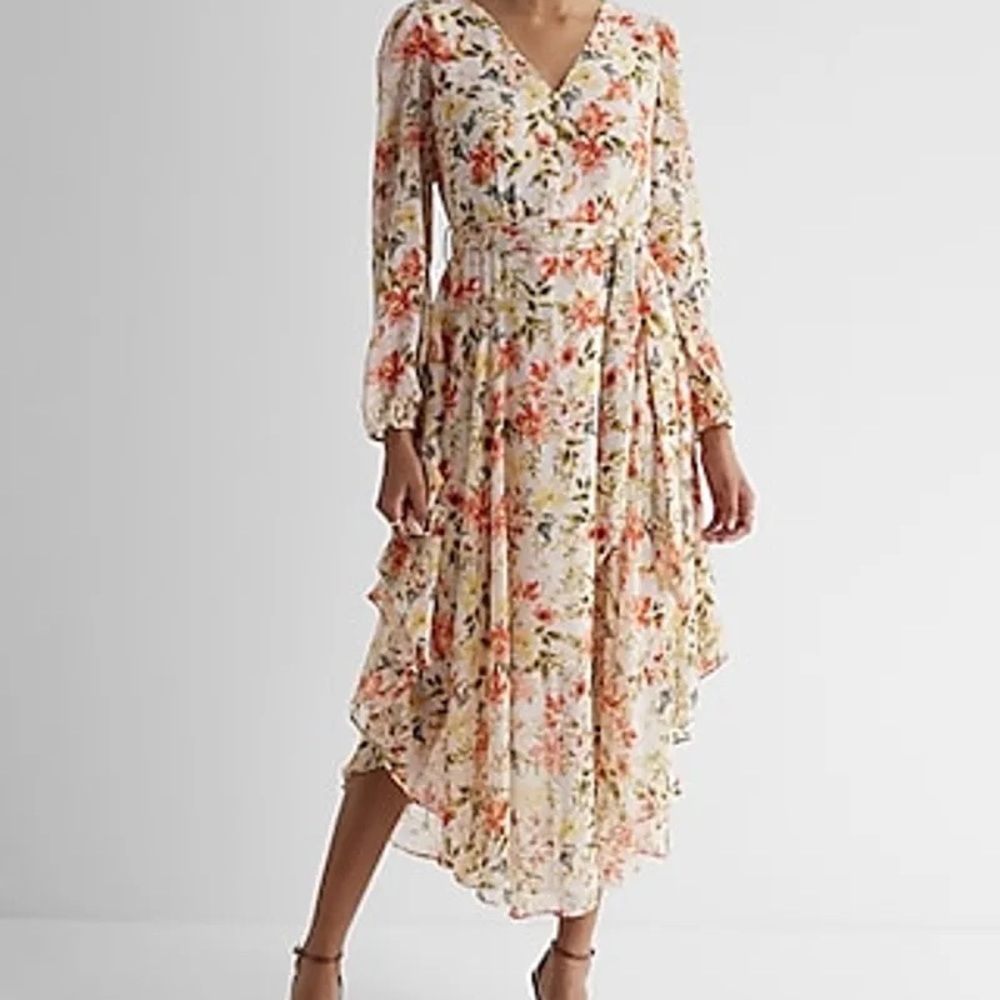 Express Floral Print Front Tie Waist Midi Dress